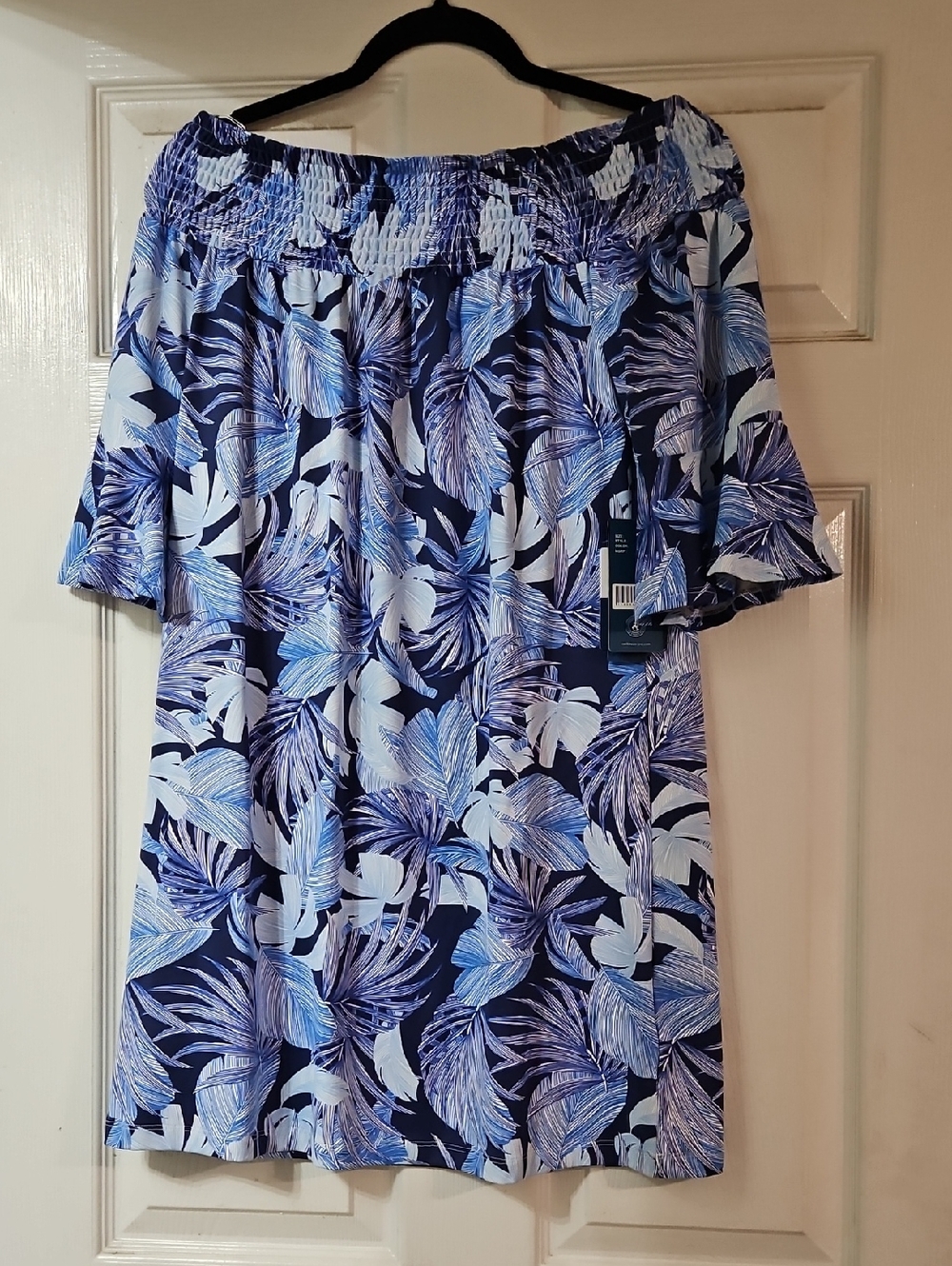 Caribbean Joe Blue and White Tropical Print Off-Shoulder Dress